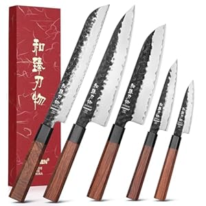 HEZHEN Set di Coltelli da Cucina, Coltelli da Chef in Acciaio Composito Santoku, Coltello da Pane Coltelli da Cucina, Manico Ottagonale in Legno Rosso