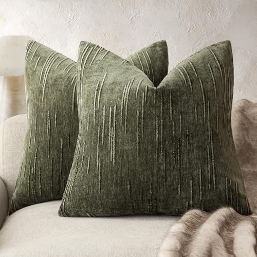 Foindtower Pack of 2 Slubby Textured Chenille Throw Decorative Pillow Covers Square Accent Solid Cushion Cover Soft Farmhouse Pillow Case for Couch Sofa Bedroom Living Room 22x22 Inch,Dark Olive Green