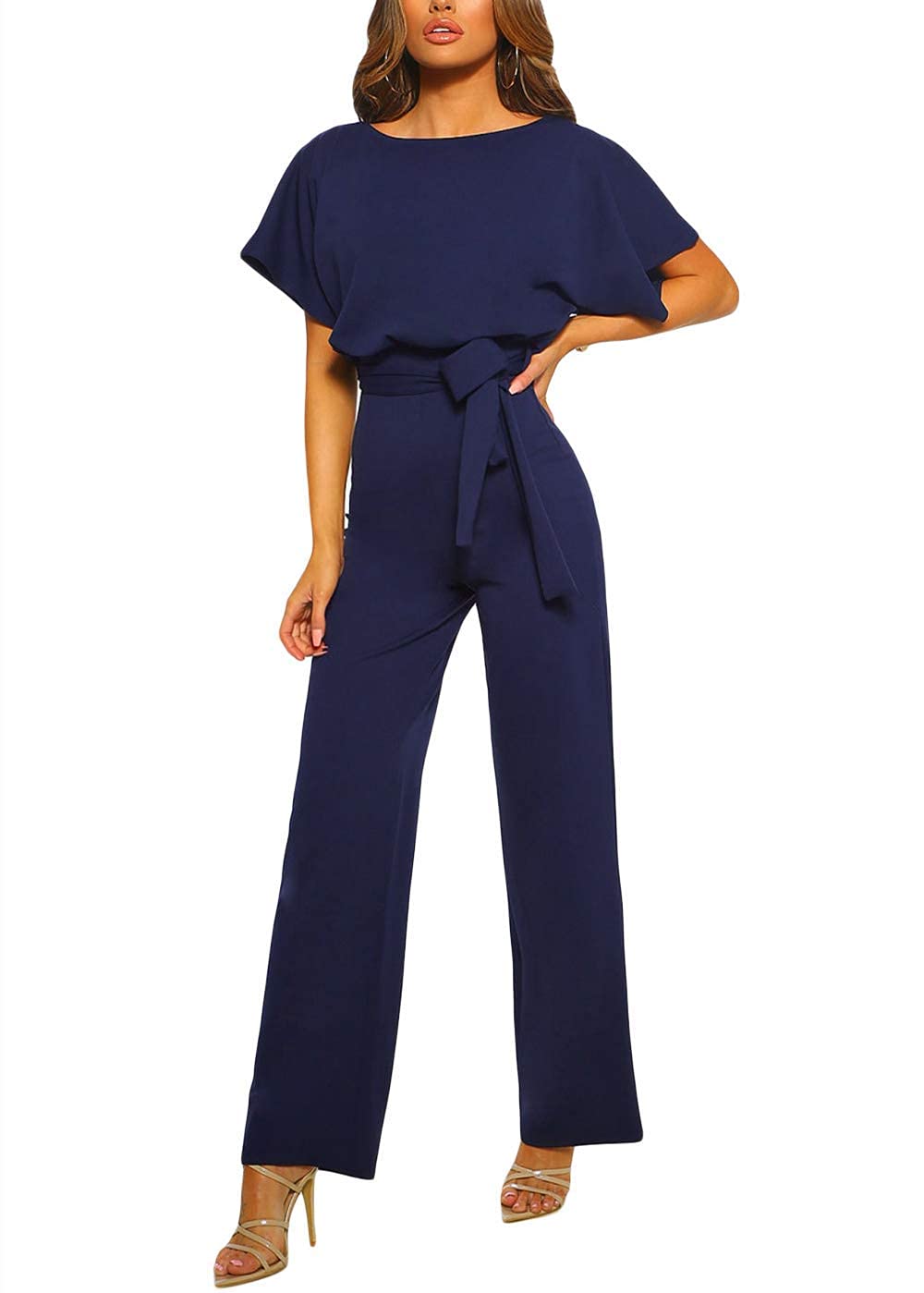 Onsoyours Monos de Vestir Mujer Elegante Manga Corta Talla Grande Mono De Pierna Recta con Traje con Cinturón Mono Largo Vendaje Traje Playsuit Elegante de Fiesta de Noche