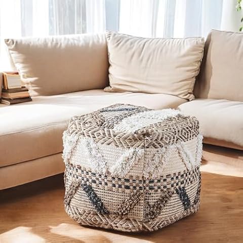 HyorecyTech Boho Style Round Pouf Ottoman with Polystyrene Beads, Cotton Cube Pouf, Static Resistant Handwoven Pouf with Safety Zippers for Living Room Cover
