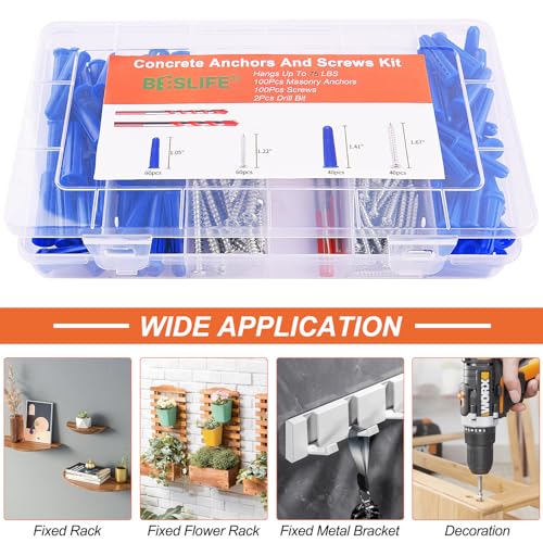 Beslife CAS-01 Concrete Wall Anchors And Screws Assortment Kit,100Pcs Masonry Anchors And100 Concrete Screws In Two Size With 2 Drill Bits, 8 And #10 Wall Anchors And Screws For Concrete Stucco Masonry Brick Wall thumb #6