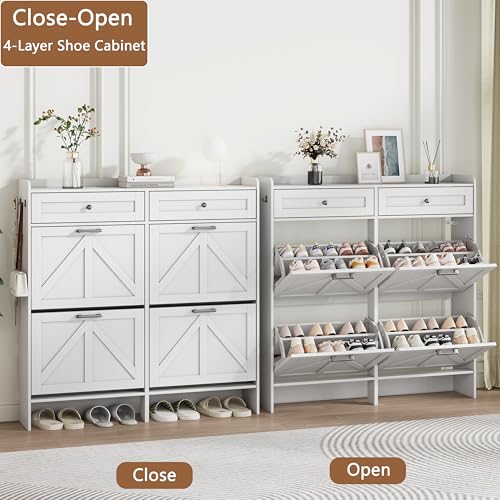 Image of Shoe Cabinet with 4 Flip Drawers & 2 Top Drawers, 43 inch Tall Freestanding Shoe Storage Organizer for Entryway, Wooden Narrow Hidden Slim Shoe Rack for Front Door Entrance, Hallway, Living Room, White
