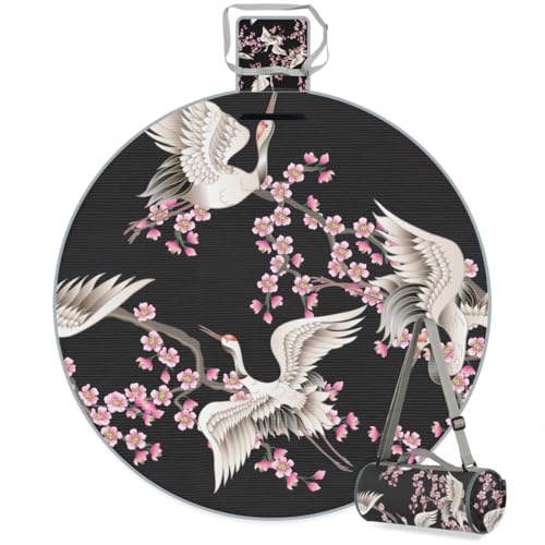 Shimoshe Peach Blossom Crane Picnic Outdoor Blanket Foldable Waterproof Sandproof Beach Blanket Portable Water-Resistant Round Picnic Mat for Travel Camping Park Lawn