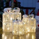 Set of 3 Christmas Lighted Gift Boxes, Pre-lit 60LED Light Up Present Boxes Ornament Outdoor, White Boxes with Star, Battery Operated Christmas Decorations for Indoor Home, Party, Lawn Decor