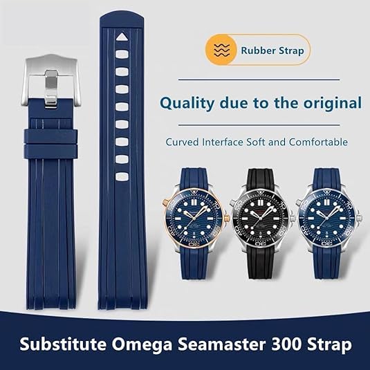 YHMOO Watch Strap 20mm Rubber Curved Solid End Tapered Watch Band, Compatible with Omega Seamaster New 300 Diving Watchbands Replacement (BLACK)