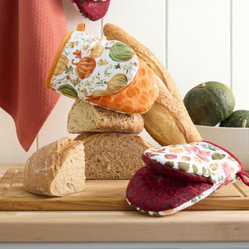 MARTHA-STEWART-Autumn-Harvest-Falling-Leaves-Mini-Oven-Mitt-2-Pack-Set-100-Cotton-with-Decorative-Non-Slip-Silicone-Grip-Heat-Resistant-TanRedGreen-55X8 MARTHA STEWART Autumn Harvest Falling Leaves Mini Oven Mitt 2 Pack Set 100 Cotton with Decorative Non Slip Silicone Grip Heat Resistant TanRedGreen 55X8