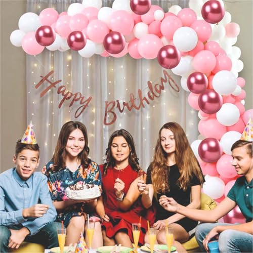 Image of Happy Birthday Balloons Decoration Kit - 55 Pcs Pink, White & Chrome Balloon with Banner Garland Set for Birthday Parties & Celebrations | Birthday Decoration Items for Kids & Girls