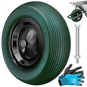 MASKO® PU Schubkarrenrad Vollgummi 200 kg 4.80/4.00-8 Ø 390mm Achse Ersatzrad Gummirad Stahlfelge Reifen pannensicher für Schubkarre Gartenkarren pannensicheres PU Rad inkl. Handschuhe, Dunkelgrün