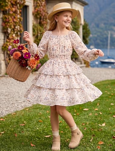 HOZIY Girls Fall Long Sleeve Floral Dresses Beige Teen Christmas Clothes - image 7