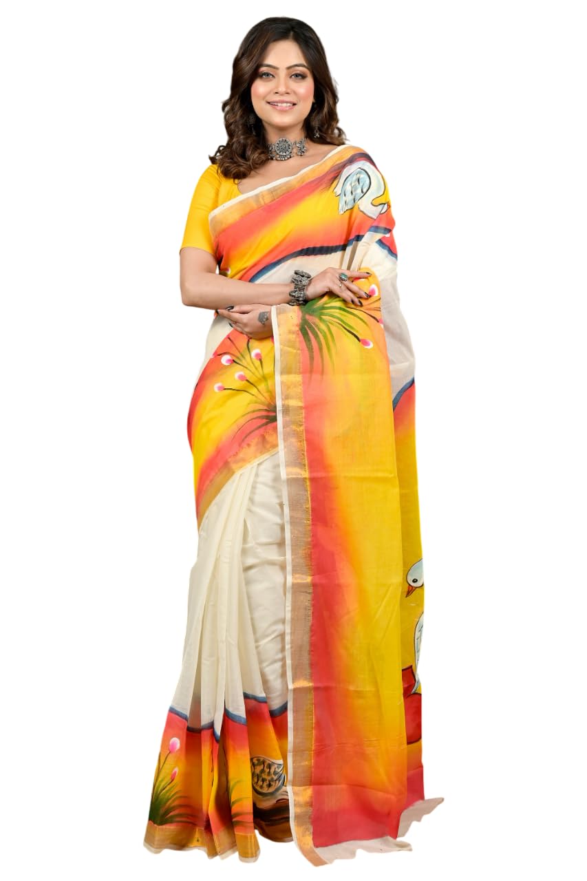 dipdiya Hand Painted Pure Cotton Saree, Off White with Multicolour Traditional Bengali Art Motifs, Handloom Weave, Free Size,-picture-47