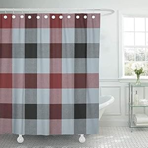 Patroon Tartan Geruite Drie Kleuren Lichtblauw Donkerrood Douchegordijn Waterdichte Stof 72 x 72 Inches Set met Haken