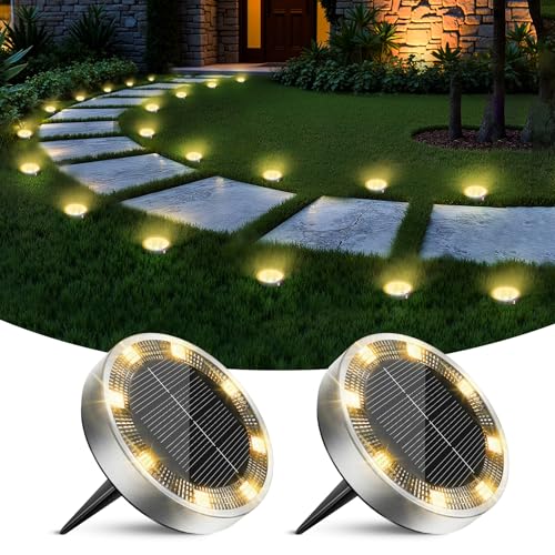 inkgear 2 Pack Solar Ground Lights Outdoor, 8 LED Mini Flat Solar Disk Lights, IP65 Waterproof Anti-Rust Disc Light, Landscape Lighting for Garden Pathway Yard Walkway Driveway Lawn,Warm White