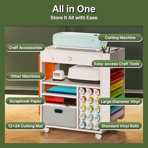 Image of Cooday Craft Organizers and Storage Cart with Upgraded Wheels, Compatible with Cricut Machines - Rolling Craft Cart with 22 Vinyl Roll Holders, Craft Cabinet and Storage Workstation for Craft Room