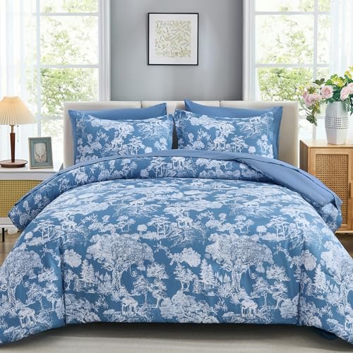 Image of DJY Full Size 7 Piece Bed in a Bag-Floral Botanical Mineral Blue Comforter Set,Full Comforter with Sheets
