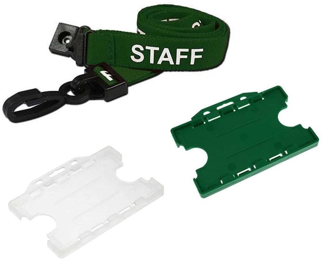 Staff Neck Strap Lanyard Green with Clear Double ID Card Pass Badge Holder (25)