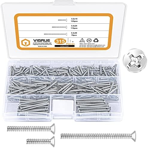 VIGRUE 315 PCS Geräteschrauben für Schalterdosen, Maschinenschrauben Sortimentsbox Ø 3,2x15mm, 3,2x25mm, 3,2x40mm, Senkschrauben aus Stahl Verzinkt mit Kreuz, Für Reparatur instabi