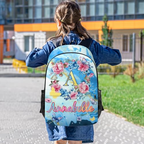 M YESCUSTOM Custom Backpacks for Girls Boys Kids Personalized Name Backpack with Lunch Box, Insulated Water Bottle Back to School Gifts Floral Flower Bookbag Set School Bags for Students Blue4
