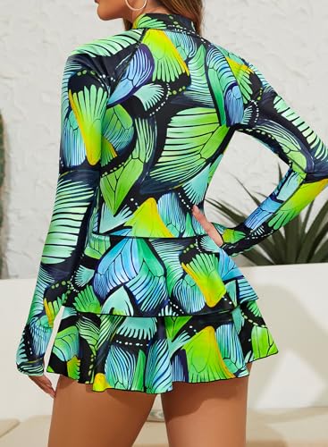Women Long Sleeve Rash Guard Swimdress Thumb Holes Surfing Printed One Piece Zipper Skirted Swimsuit Swim Shirt2