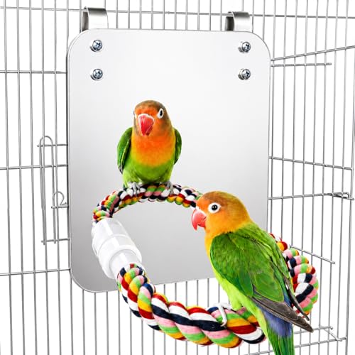 BWOGUE 7 Inch Bird Mirror with Rope Perch Cockatiel Mirror for Cage Bird Toys Swing Parrot Cage Toys for Parakeet Cockatoo Cockatiel Conure Lovebirds Finch Canaries