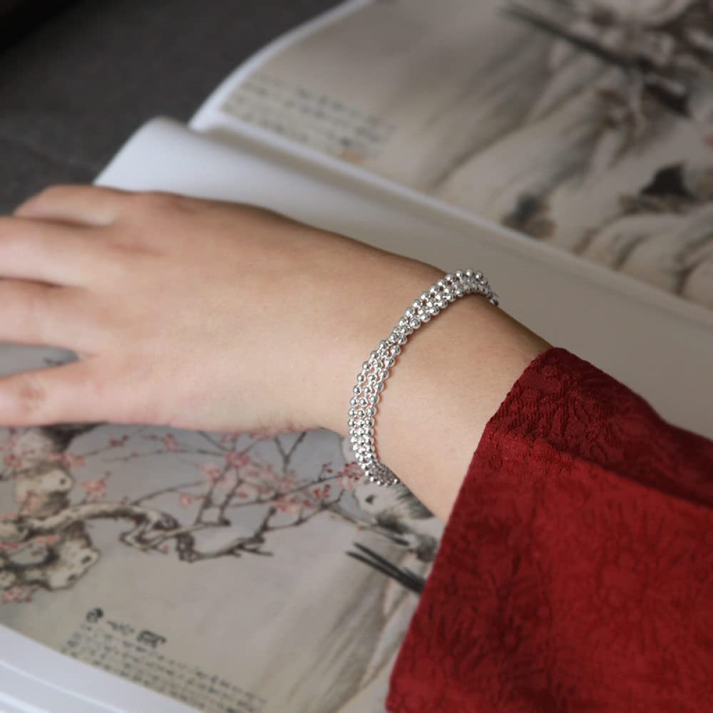 Armband Damen Silber,Sterling Silber Verstellbares Kettenarmband DREI Lagen Runde Perlen Freundschaftsarmbänder Geschenk S990 Silberschmuck Für Frauen Freundin Ehefrau