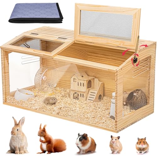 Hamster Cage 32' Wooden Chewproof, 270° Panoramic View Large Habitat with Bite-Proof Mesh, Top Dual...
