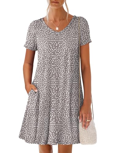 ANRABESS Womens Summer T Shirt Dress Casual V Neck Short Sleeve Floral Boho Flowy Mini Dresses 2026 Beach Vacation Clothes Light Brown White Spots Large