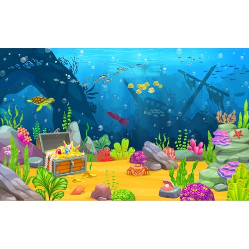 Image of Underwater Landscape Aquarium Background Caribbean Sea Ocean Coral Reef with Sunken Boat Terrarium Background Under The Sea Landscape Sunken Ship Treasure Chest Fish Tank Backdrop Vinyl 72x18in