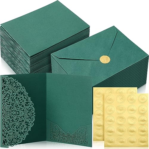 PerKoop 100 Set 5 x 7 Laser Cut Wedding Invitation with Envelopes and Wax Seal Stickers Blank Pocket Invitation Cards Kit for Wedding Bridal Shower Engagement Invite(Dark Green)