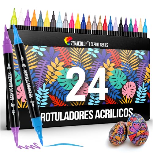 Zenacolor Rotuladores Acrilicos Doble Punta (Fina y Pincel) – 24 Colores Permanentes para Lettering, Marcadores Acrílicos para Pintar en Varias Superficies