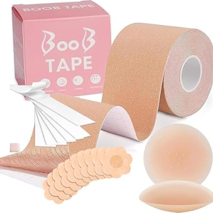 Boob Tape Breast Lift Tape with10 Nipple Covers & Silicone Pad & 36 Strips | Invisible Strong Adhesive Push Up Body Tape for Backless, Strapless & Deep Neck Dresses (Skin Tone) Beige-image-29