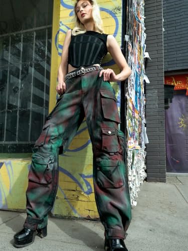 Molilove Women's High Rise Cargo Jeans Tie Dye Camouflage Jeans Baggy Cargo Pants Stretch Comfy Denim Pants with Pockets4