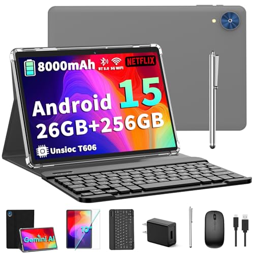 Android 15 Tablet with Keyboard - 26GB+256GB+2TB Expand, Octa-Core, 2.4G/5G Wifi, 8000mAh Battery, Widevine L1, Dual Camera, Face Unlock, 10 Inch 2 in 1 Tablets with Mouse, Stylus (Black Case)