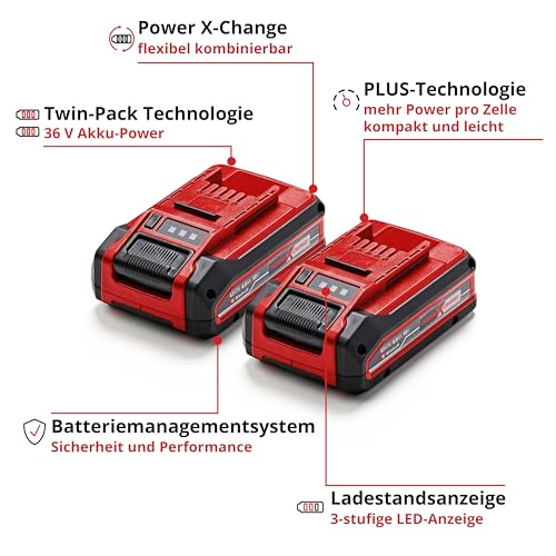 Original Einhell 4 Ah Power X-Change Plus Akku (18 V, Li-Ion, universell verwendbar für alle PXC-Geräte, Ladestandskontrolle, Twin-Pack, inkl. 2X 4 Ah Akkus, ohne Ladegerät)