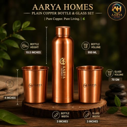 Image of Pure Plain Copper Water Bottle (950ml) with 2 Copper Glasses (300ml) Combo Set | High-Grade Pure Copper | Gifting Item for Festival, Wedding, Birthday & Corporate Gifting | PURE LIVING.