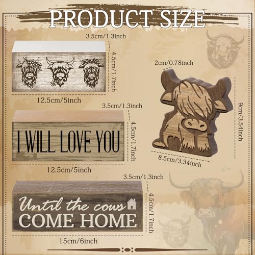 Image of Moucuny 4 Pcs Highland Cow Table Decorations Rustic Western Tiered Tray Decor Decorative Highland Cow Block Signs Western Tabletop Centerpieces Farmhouse for Home Desk Room Kitchen Shelf Decor