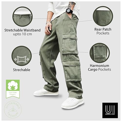Image of Men's 8 Pocket Cargo Pants | Premium Cotton Twill Baggy Fit Trousers | Stretchable Casual Streetwear Cargos | Mid Rise