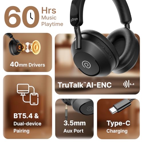 Image of pTron Studio Ultima w / 60Hrs Playtime, Dual Device Pairing, 40mm Drivers, Custom EQ, Mobile App, Wireless Over Ear Headphones w /HD Mic & TruTalk AI-ENC Calls, BTv5.4 & Type-C Charging (Jet Black)