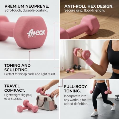 Image of FitBox Sports Premium 2kg (1kg x 2) Neoprene Coated Cast Iron Dumbbells for Exercise & Fitness | Strength Training for Home Gym - Pink