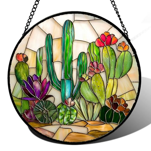 Desert Cactus Stained Glass Window Hanging Suncatcher Gift for Women 15"