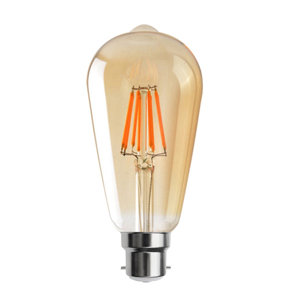Vintage Bayonet LED Bulb, ST64 6W(60W Equivalent) B22 LED Filament Dimmable Edison Bulb, Warm White 2700K Amber Glass 600lmn, Retro Antique Style Squirrel Cage Lamp 220V - Pack of 1