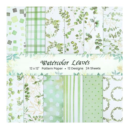 PUIKSXER Papel de scrapbook de folhas de eucalipto de 30,5 cm, 24 folhas, folhas verdes, bloco de pa