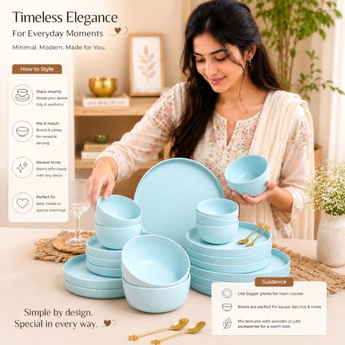 Image of MARKET 99 Heavy-Duty Round Minto Blue Sparkle Dinner Set | 20-Piece Matte Melamine Dinnerware Collection Includes 6 Full Plates, 6 Side Plates, 6 Bowls, & 2 Serving Bowls for Dining Table