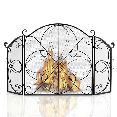 TANGZON 3 Panel Folding Fire Guard, 151 x 83cm Large Fireplace Screen with Handles & Flexible Hinges, Wrought Iron Mesh Spark Flame Barrier Fire Panels for Wood and Coal Firing Stoves Grills