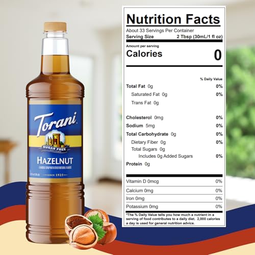 Image of Torani Sugar Free Hazelnut Syrup 1L Bottle with Pump - Keto Friendly