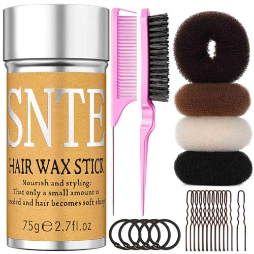 Hair Bun Maker for Kids Girls & Women - Controls Frizz Smooths Flyaways Creates Buns & Updos - 4 Black Donut Sock Buns in Sizes 1 Hair Wax Stick 5 Elastic Bands 10 Hairs Pins 2 Style Brushes