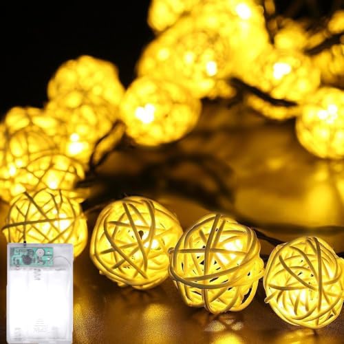 Qixivcom Rattan-Kugel-Lichterkette, 3 m, 20 LEDs, batteriebetrieben,...