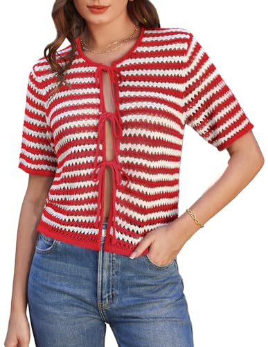 GRACE KARIN Cardigan Court Femme Chic Gilet Tricot Ajouré Manches Courtes Col Rond Nœud Devant et - vue 6