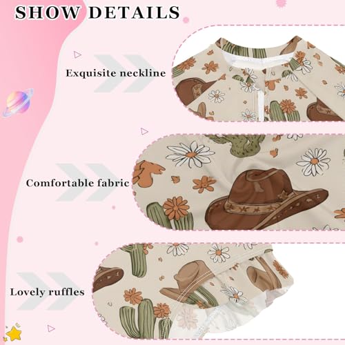 Cactus Cowboy Hat Pattern Girls Long Sleeve Swimsuit Rash Guard One Piece Bathing Suits Zipper 3-12T4
