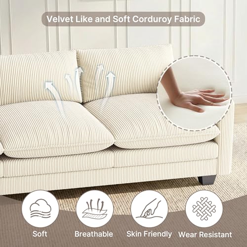 Image of Gizoon 3 Seater Couches for Living Room, Cloud Sleeper Sofa with Double Cushion Corduroy Deep Seat Sofa Couches with 2 Pillows for Living Room Bedroom and Apartment,Pet-Friendly Fabric, Beige