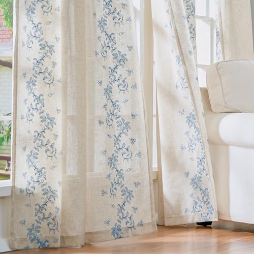 Image of jinchan Floral Linen Curtains, Back Tab 50x96 Inch, 2 Panels Blue